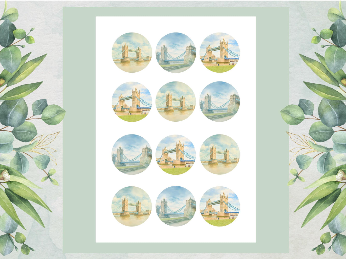 London Bridge Edible Cupcake Toppers 12 x 2" – Pre cut Wafer Paper, Card or Icing Sheet, Historic London Landmark Cake Decor