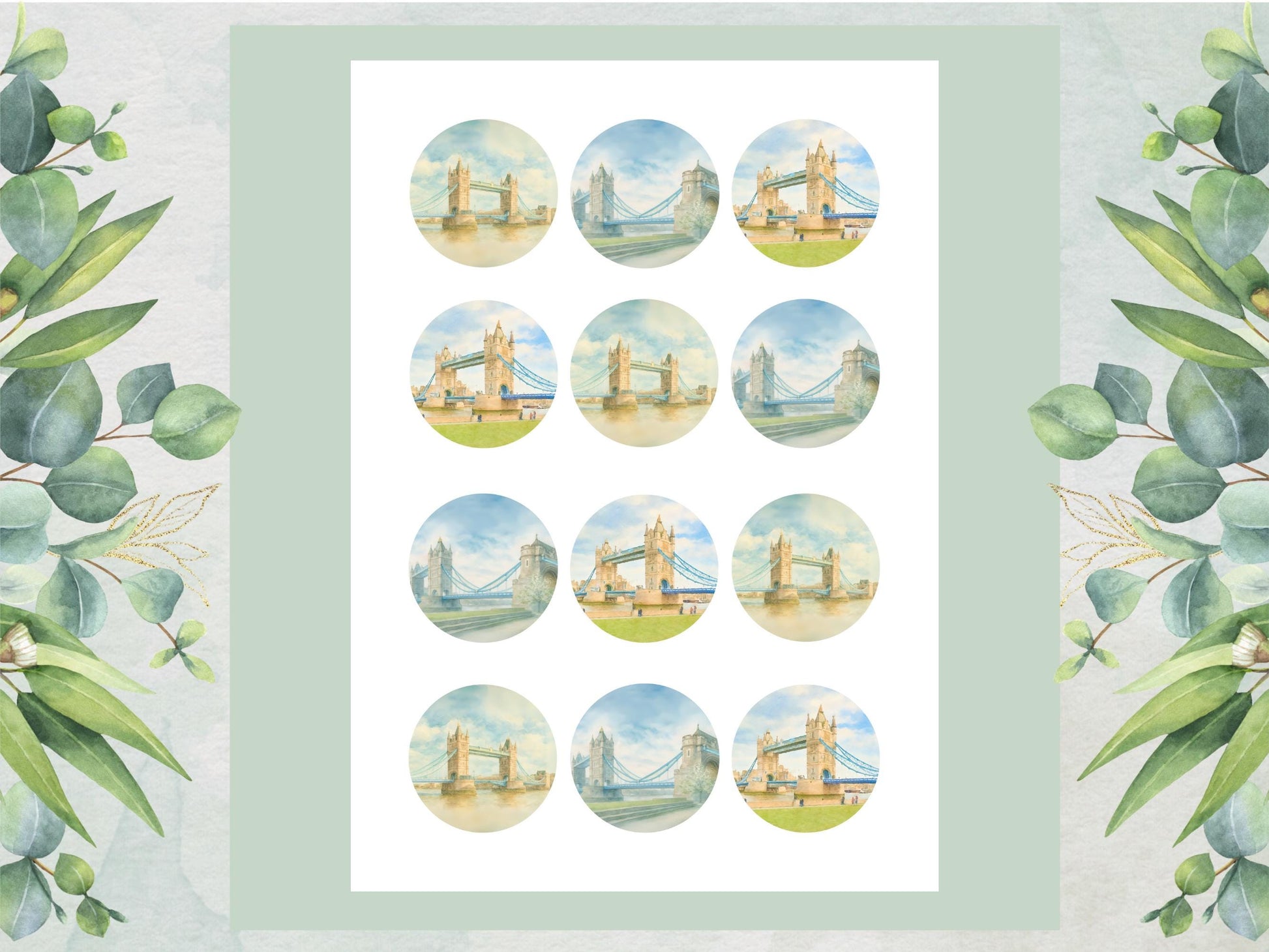 London Bridge Edible Cupcake Toppers 12 x 2" – Pre cut Wafer Paper, Card or Icing Sheet, Historic London Landmark Cake Decor
