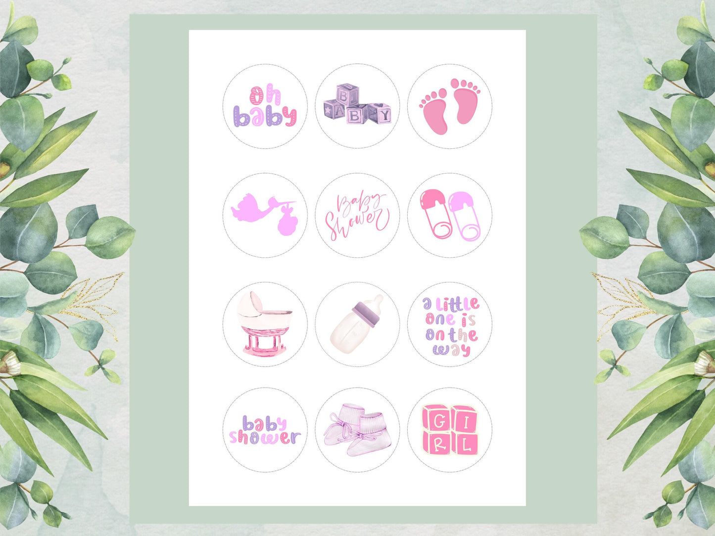 Pink Baby Shower Edible Cupcake Toppers – 2" Wafer Paper, Card, or Icing Sheet