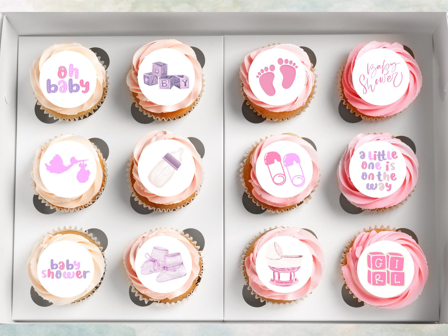 Pink Baby Shower Edible Cupcake Toppers – 2" Wafer Paper, Card, or Icing Sheet