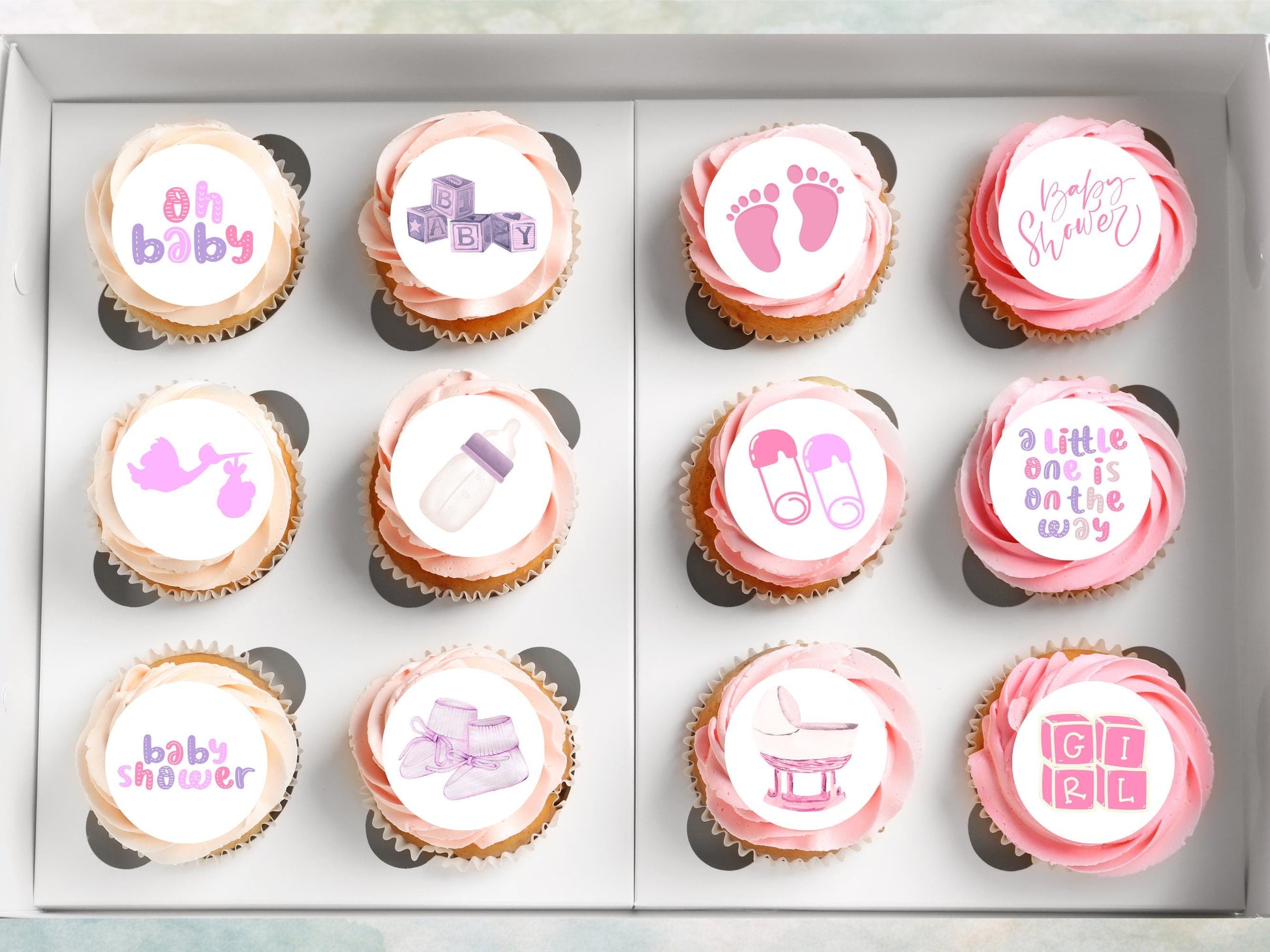 Pink Baby Shower Edible Cupcake Toppers – 2" Wafer Paper, Card, or Icing Sheet