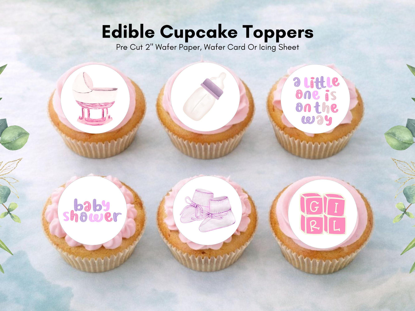 Pink Baby Shower Edible Cupcake Toppers – 2" Wafer Paper, Card, or Icing Sheet