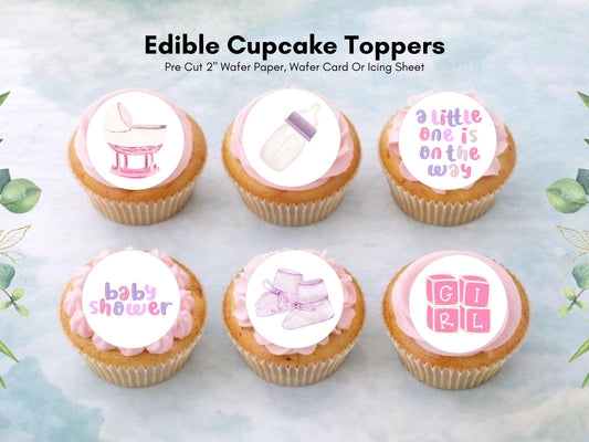 Pink Baby Shower Edible Cupcake Toppers – 2" Wafer Paper, Card, or Icing Sheet