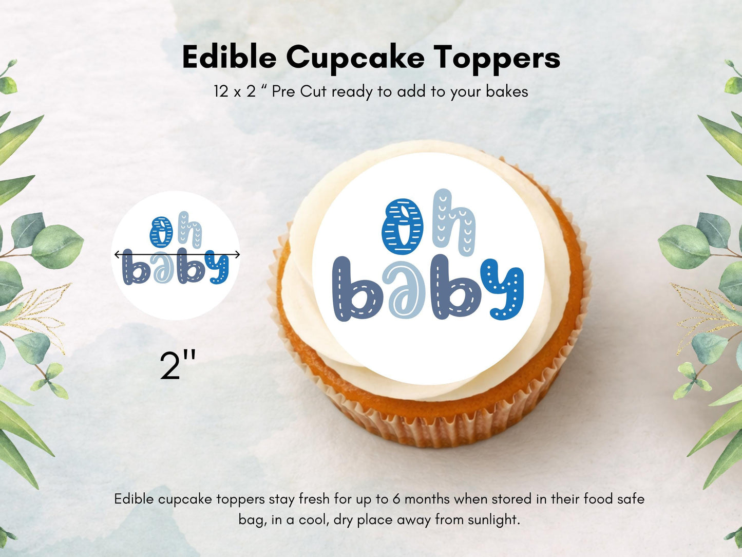 Blue Baby Shower Edible Cupcake Toppers – 2" Wafer Paper