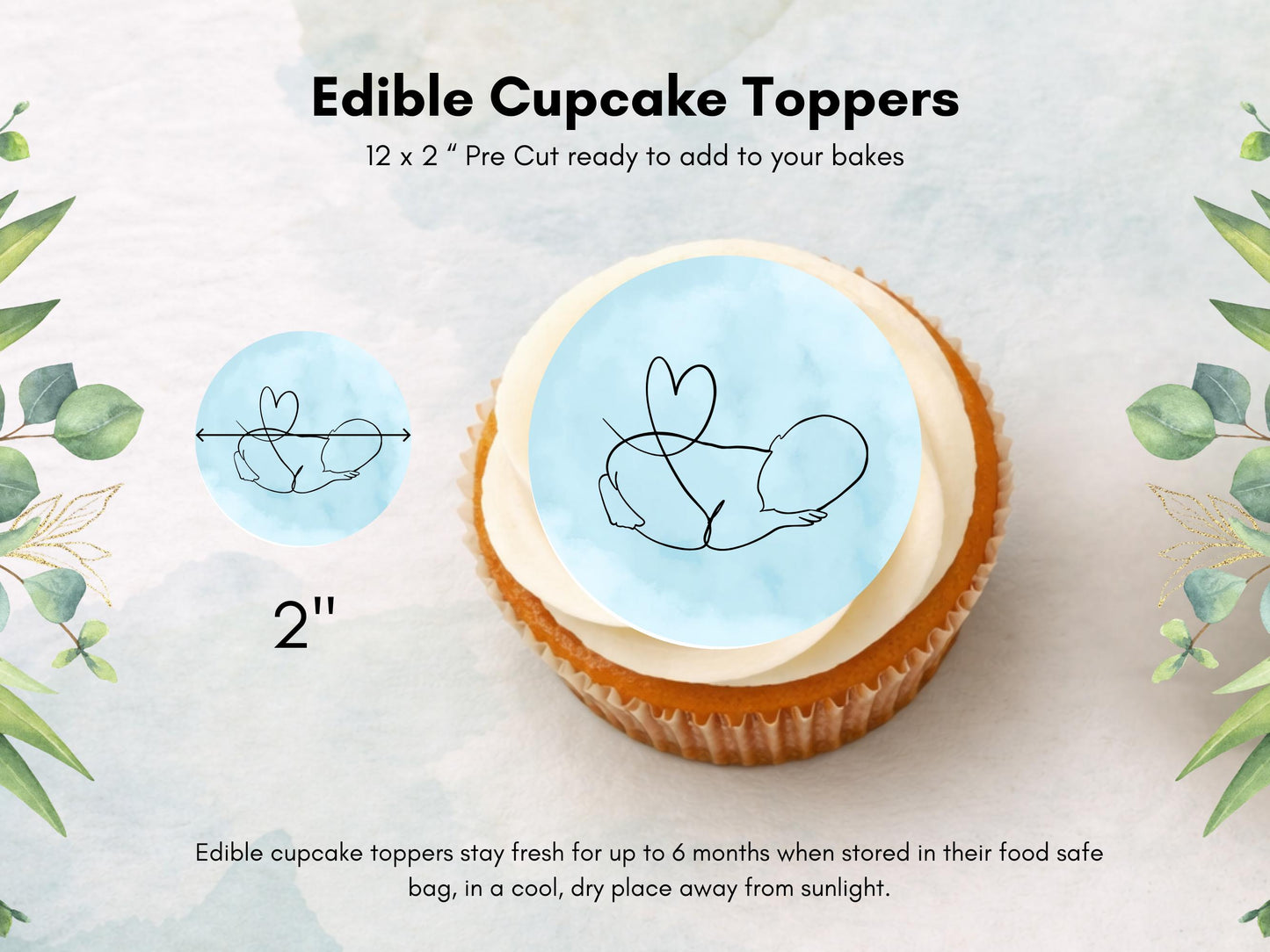 Blue Baby Shower Edible Cupcake Toppers – Custom 2" Wafer Paper