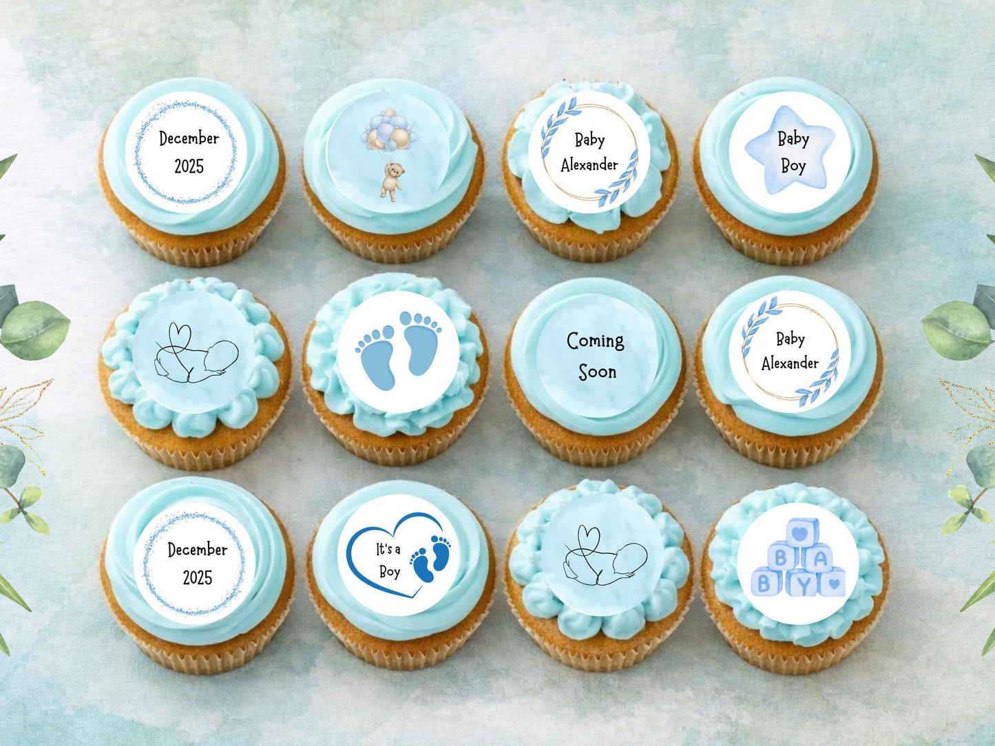 Blue Baby Shower Edible Cupcake Toppers – Custom 2" Wafer Paper
