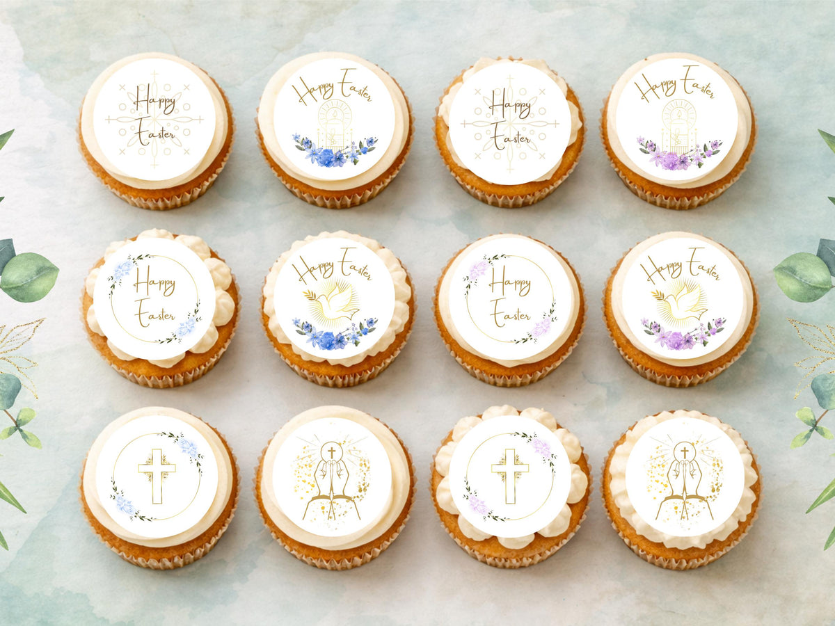 Happy Easter Edible Cupcake Toppers – Religious Cake Decorations