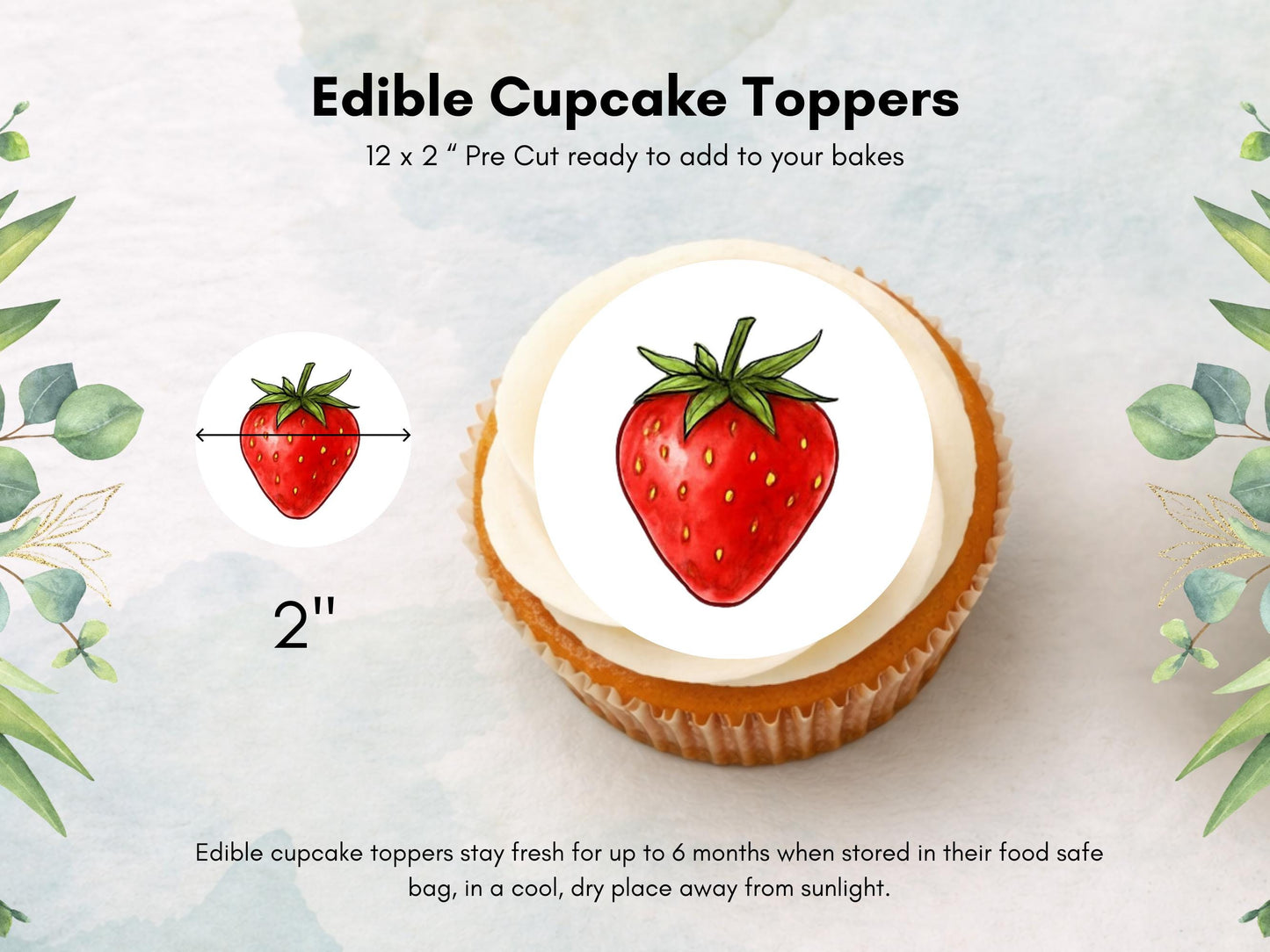Strawberry Edible Cupcake Toppers: 12 x 2" Wafer Paper, Card, or Icing Sheet