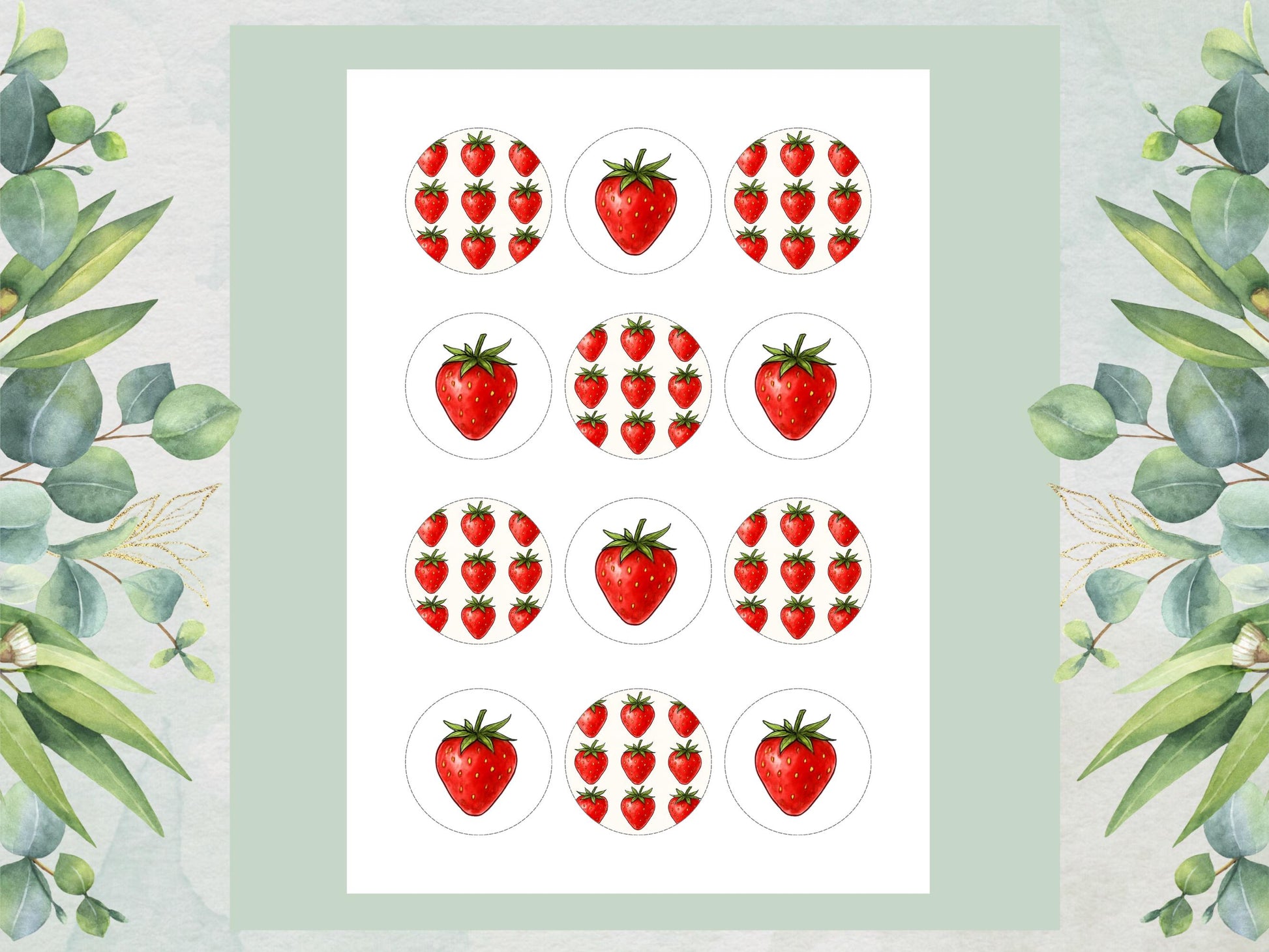 Strawberry Edible Cupcake Toppers: 12 x 2" Wafer Paper, Card, or Icing Sheet