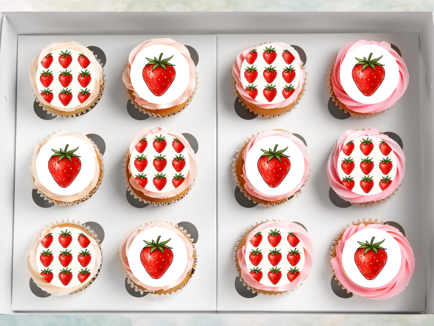 Strawberry Edible Cupcake Toppers: 12 x 2" Wafer Paper, Card, or Icing Sheet