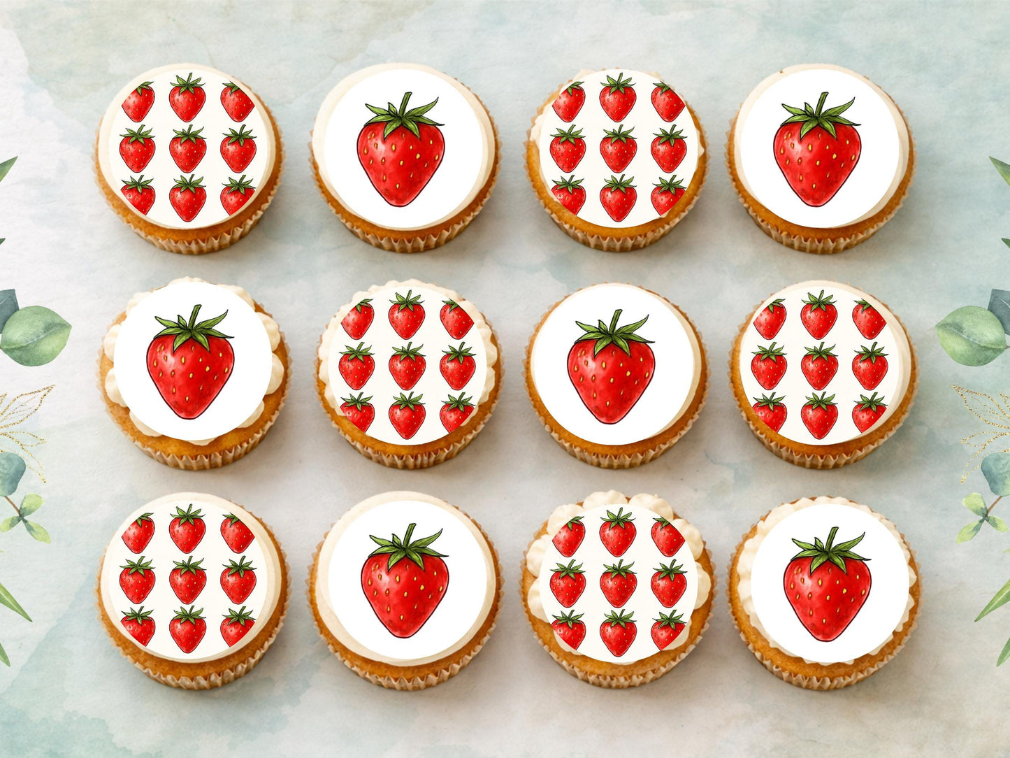 Strawberry Edible Cupcake Toppers: 12 x 2" Wafer Paper, Card, or Icing Sheet