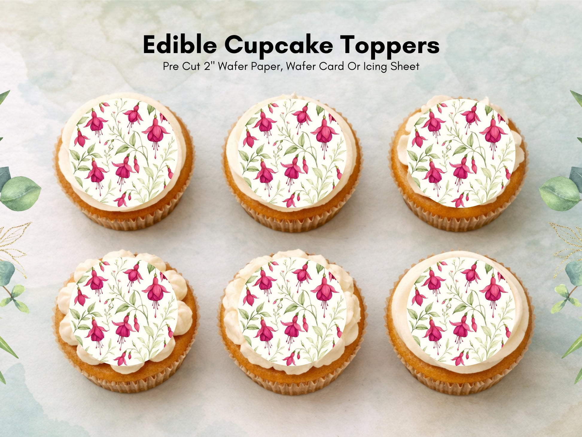 Fuchsia Floral Edible Cupcake Toppers – 2" Wafer Paper, Card, or Icing Sheet