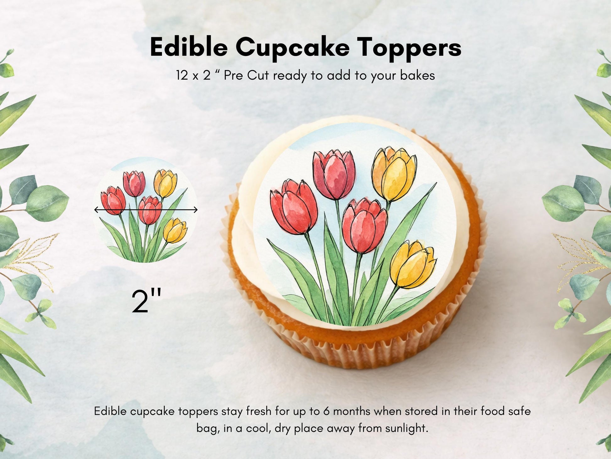 Tulip Flower Edible Cupcake Toppers – Floral Cake Decoration