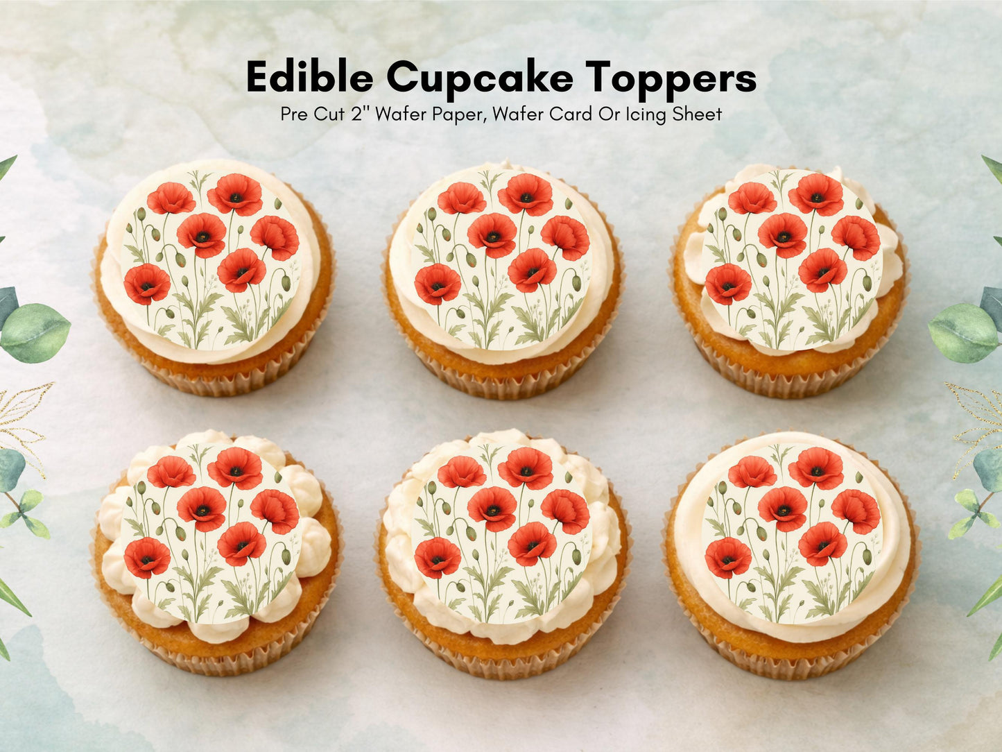 Red Poppy Edible Cupcake Toppers – 2" Floral Cake Decorations