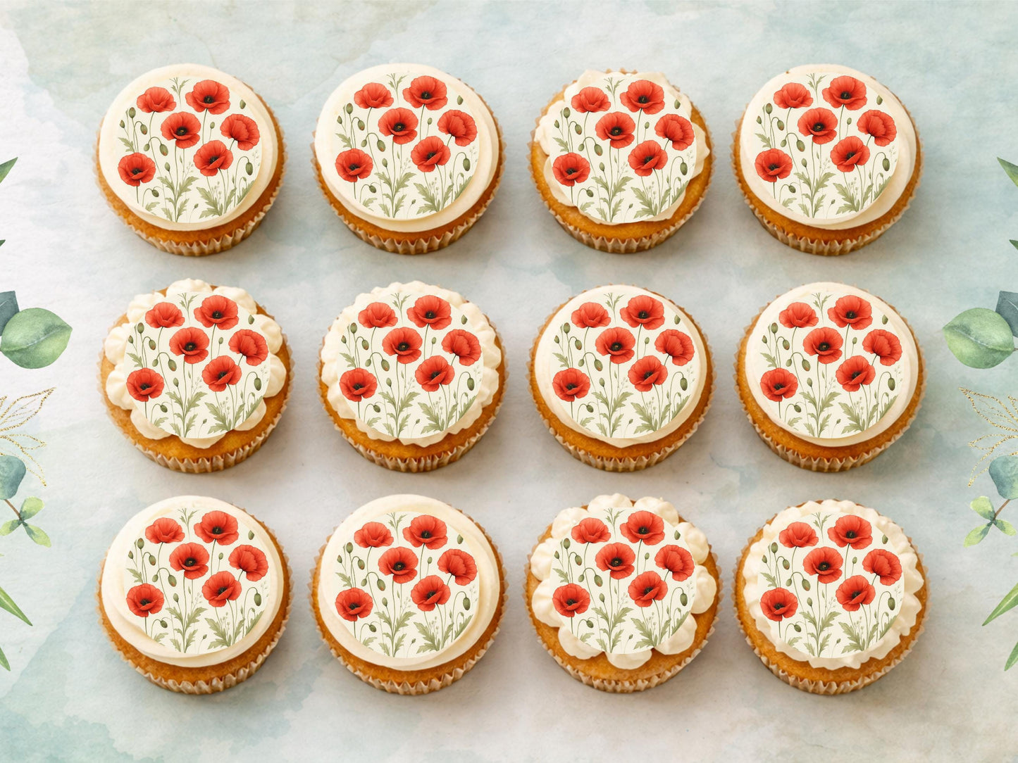Red Poppy Edible Cupcake Toppers – 2" Floral Cake Decorations