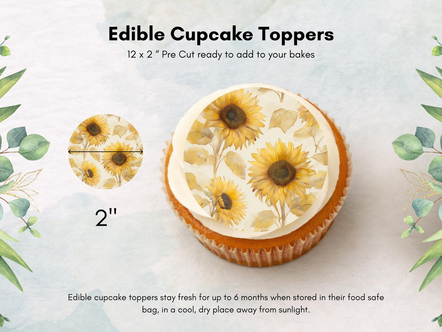 Sunflower Edible Cupcake Toppers – Watercolor Floral Cake Decoration (2", Pre-Cut)