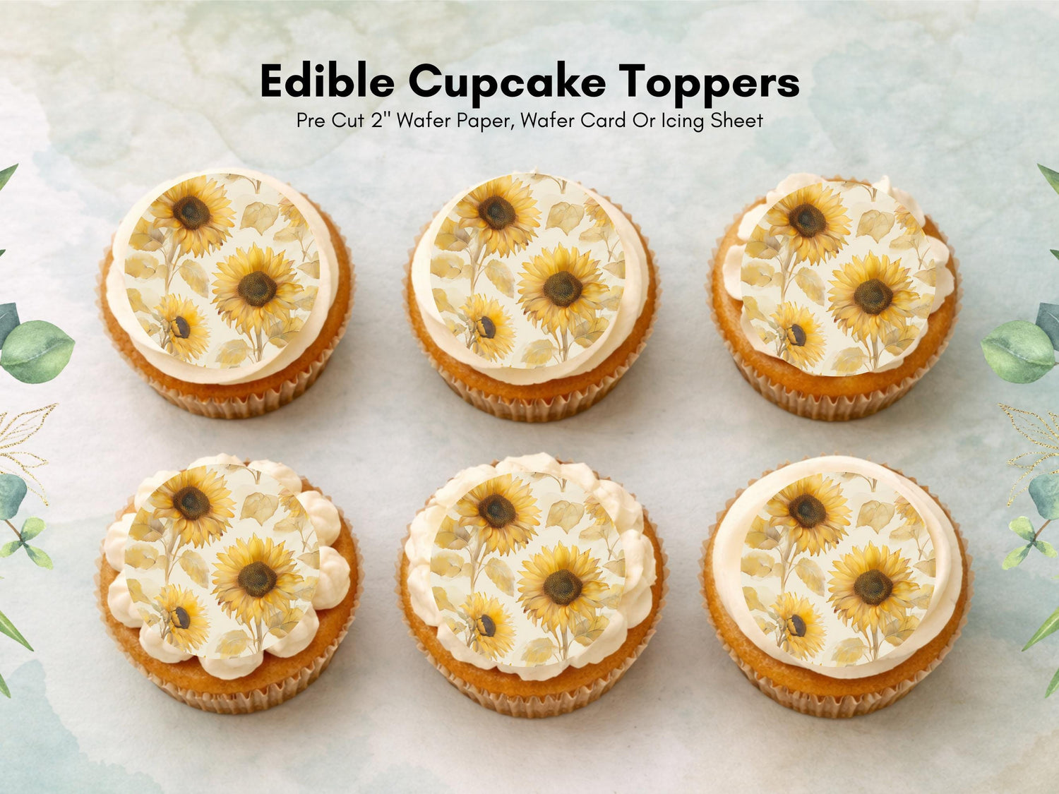 Sunflower Edible Cupcake Toppers – Watercolor Floral Cake Decoration (2", Pre-Cut)