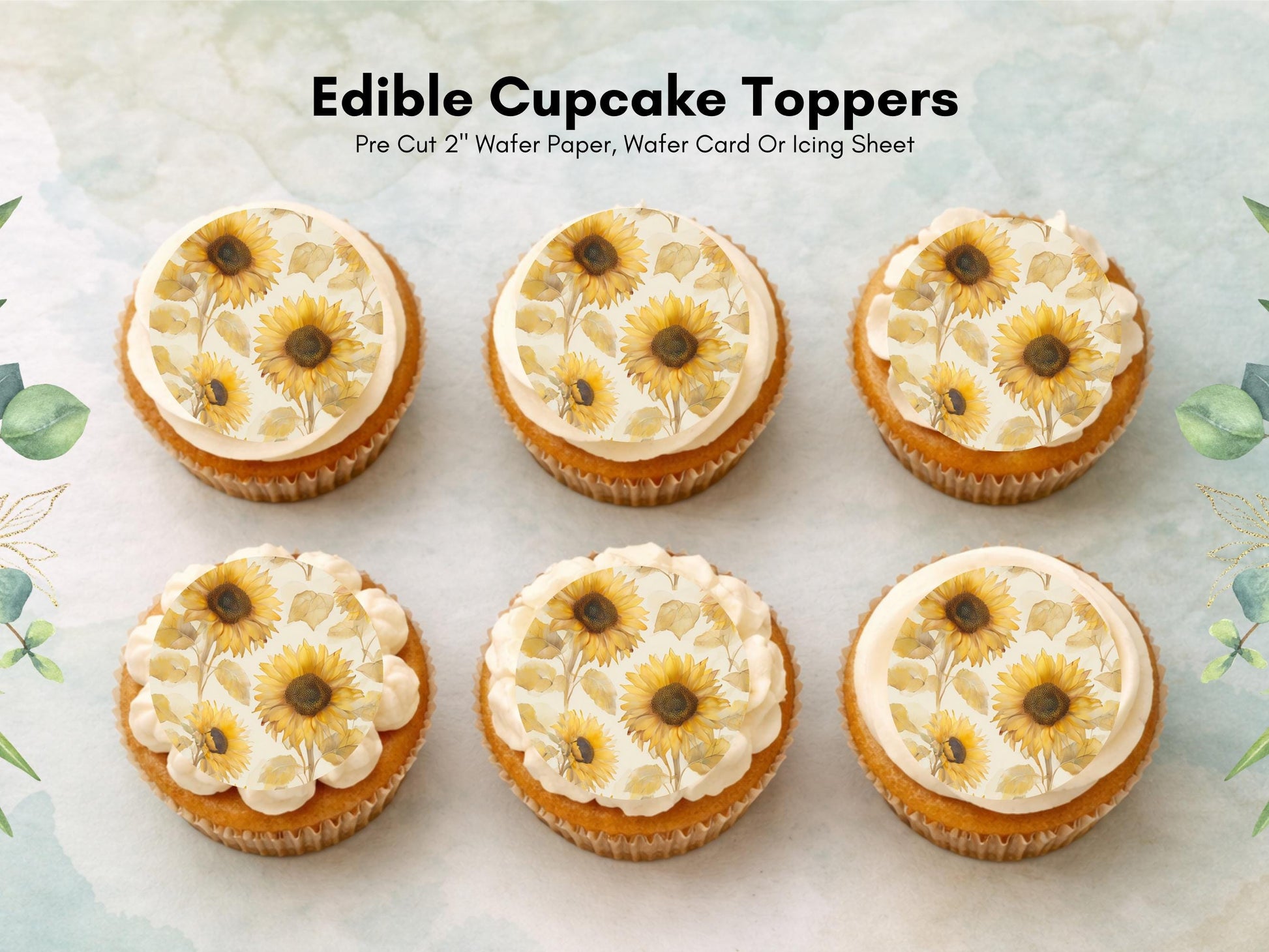 Sunflower Edible Cupcake Toppers – Watercolor Floral Cake Decoration (2", Pre-Cut)