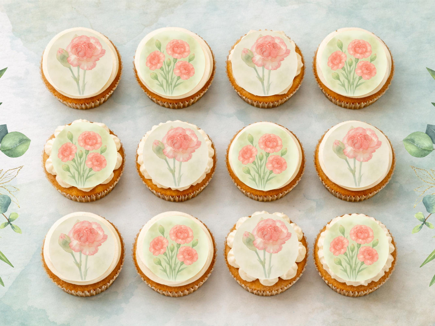 Carnation January Birth Flower Edible Cupcake Toppers – Floral Cake Decoration