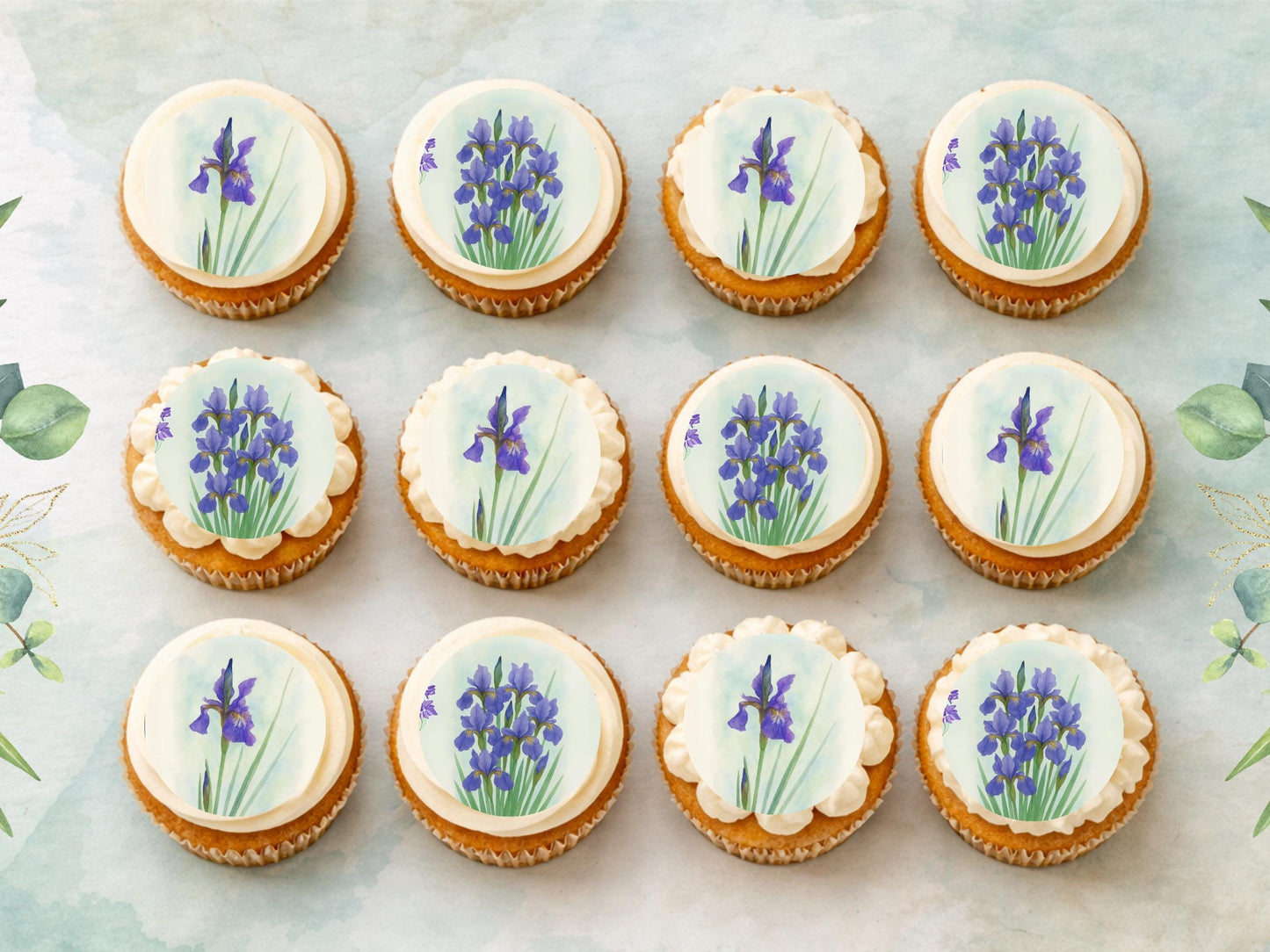 Iris February Birth Flower Edible Cupcake Toppers - Floral Cake Decoration