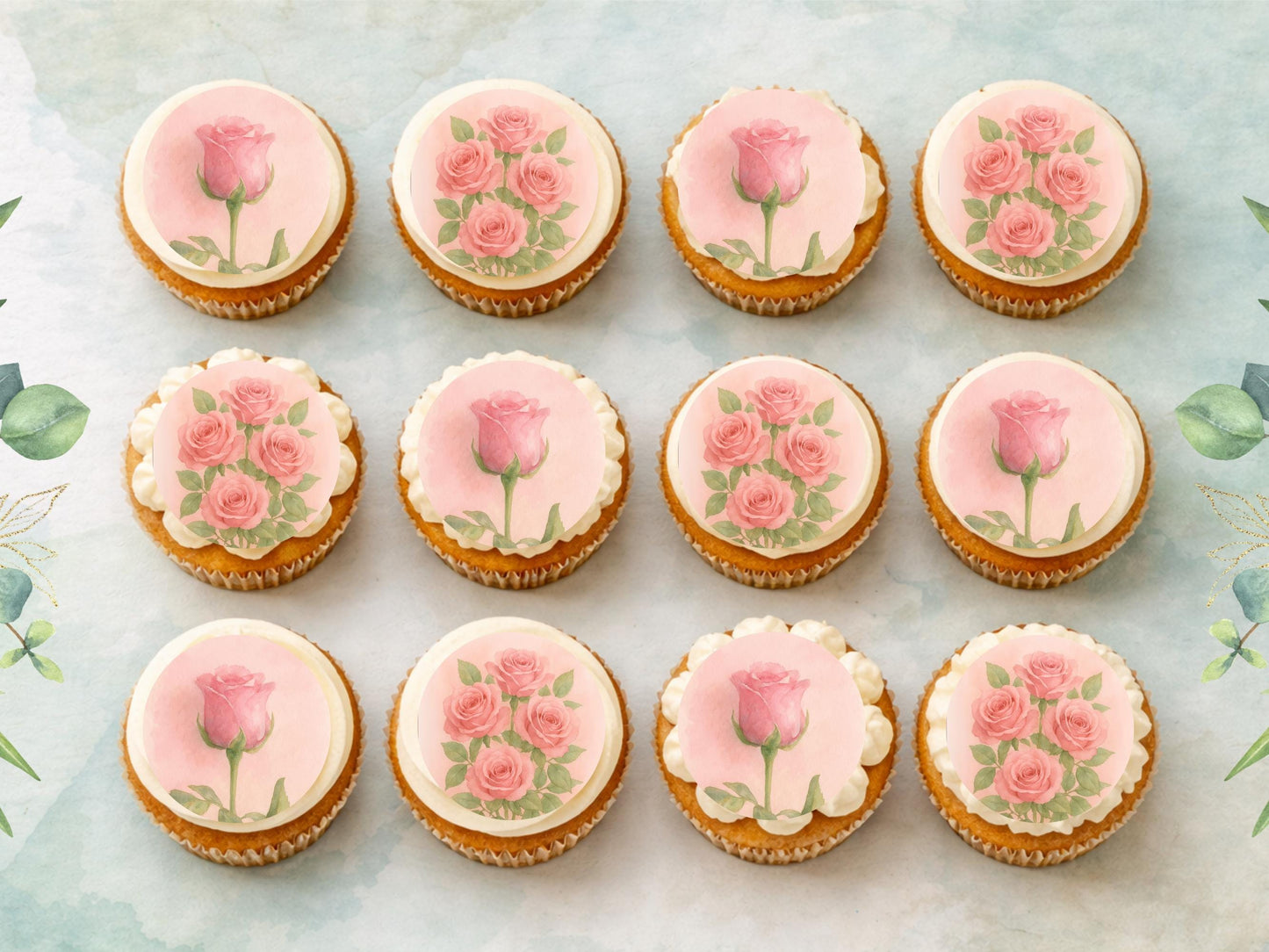 Rose June Birth Flower Edible Cupcake Toppers: Floral Cake Decoration