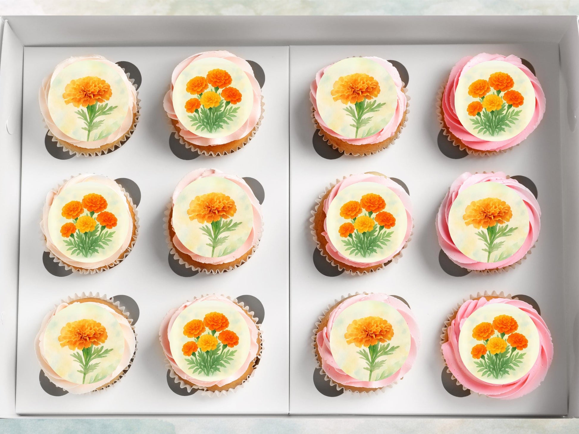 Marigold Edible Cupcake Toppers – October Birth Flower (Pre-cut)