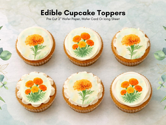 Marigold Edible Cupcake Toppers – October Birth Flower (Pre-cut)