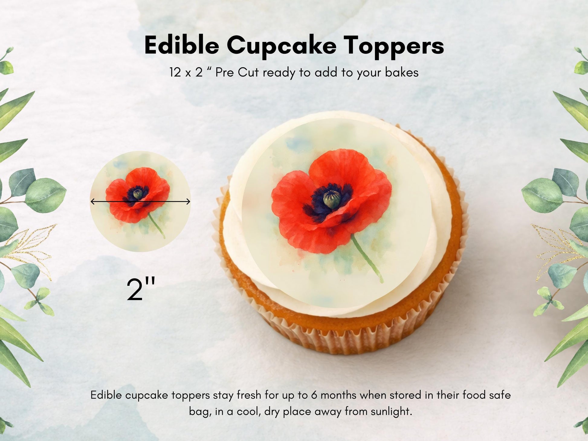Red Poppy Edible Cupcake Toppers – 2" Wafer Paper