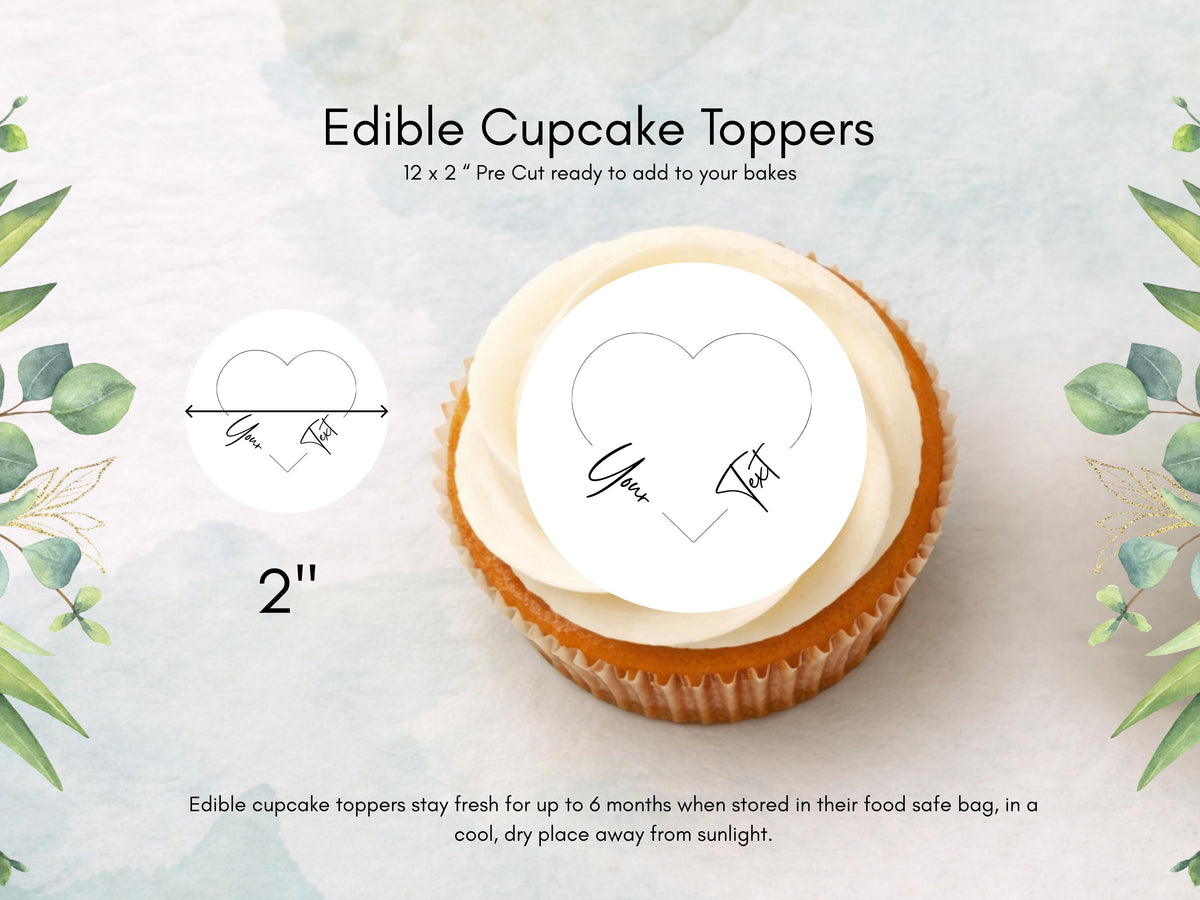 Personalised Heart Edible Cupcake Toppers, Wedding, Engagement Cake Decorations