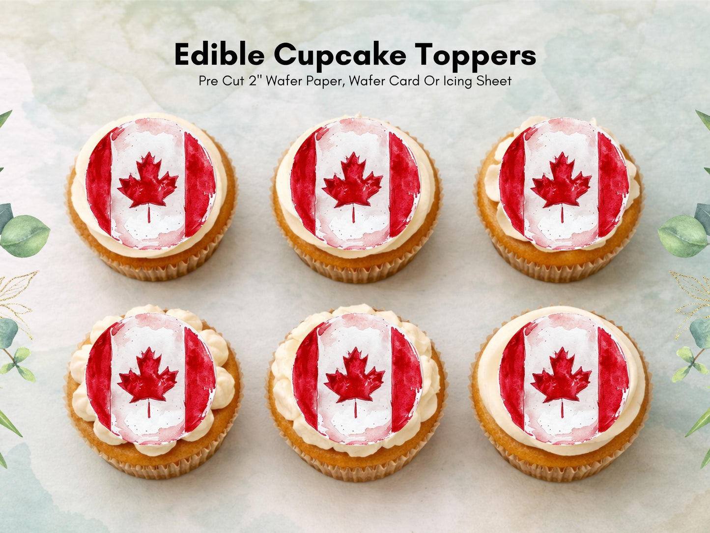 Canadian Flag Edible Cupcake Toppers – Maple Leaf, 12 x 2" (Pre-cut)