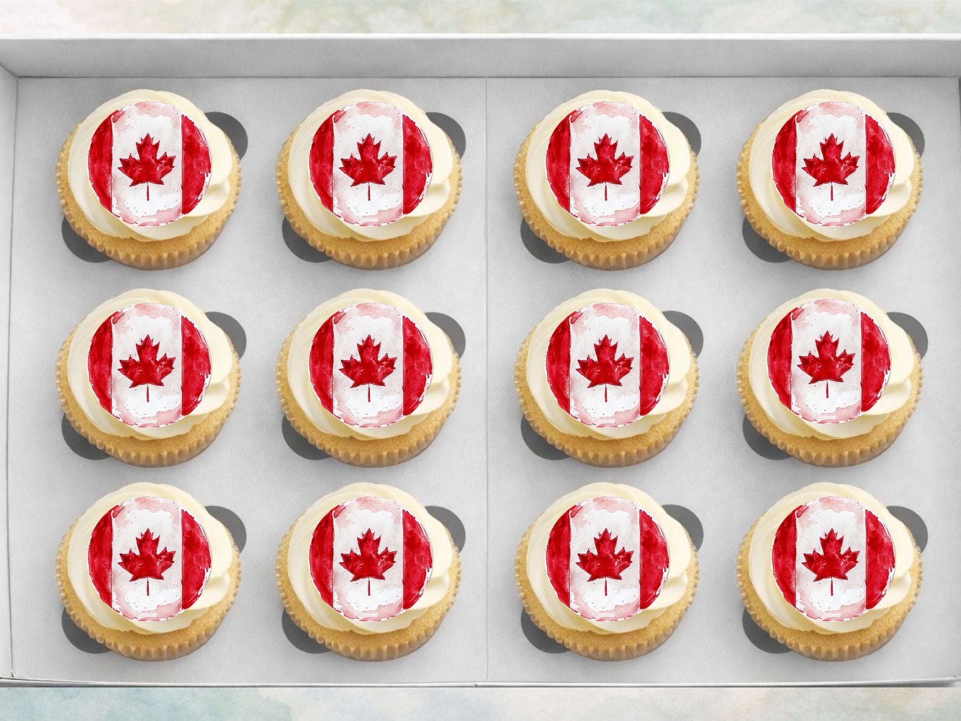 Canadian Flag Edible Cupcake Toppers – Maple Leaf, 12 x 2" (Pre-cut)
