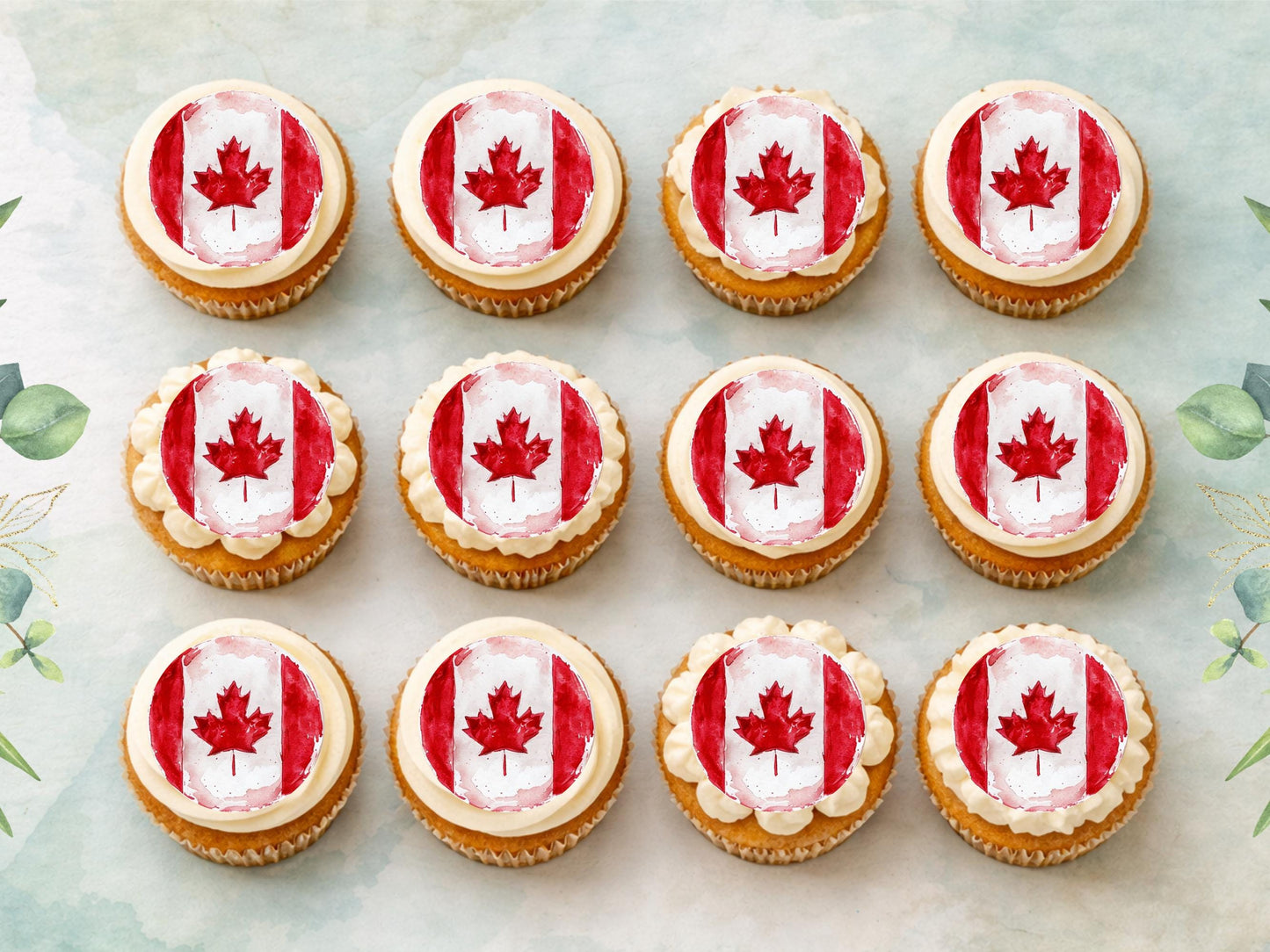 Canadian Flag Edible Cupcake Toppers – Maple Leaf, 12 x 2" (Pre-cut)