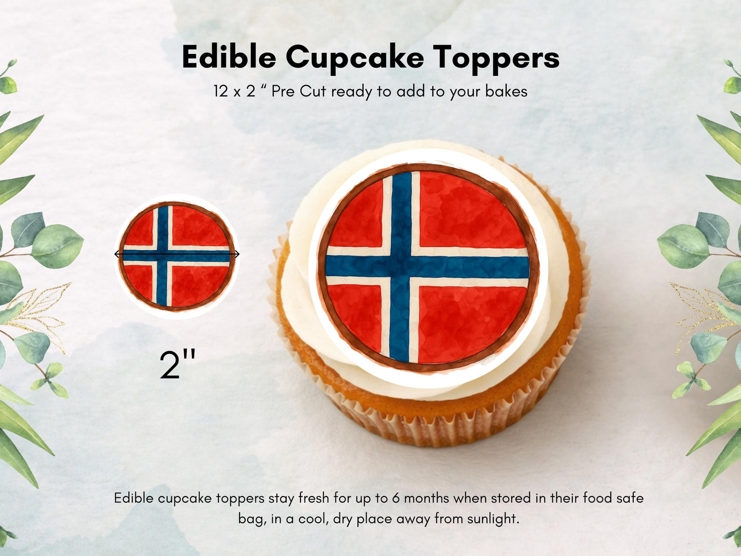 Norwegian Flag Edible Cupcake Toppers – 2" Wafer Paper