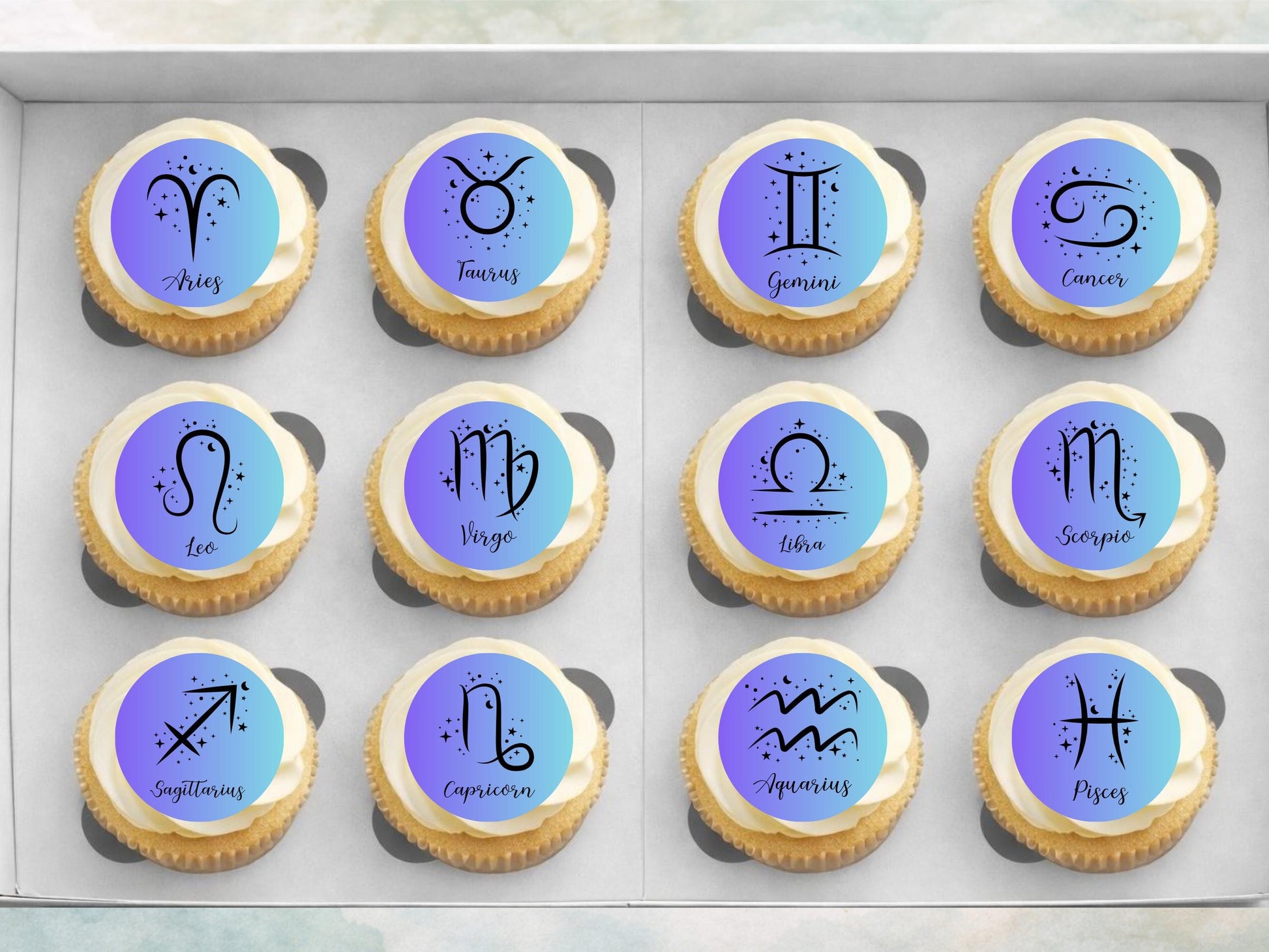 Star Sign Edible Cupcake Toppers 12 x 2"– Pre cut Wafer Paper, Card or Icing Sheet, Signs of the Zodiac Birthday Cake Topper