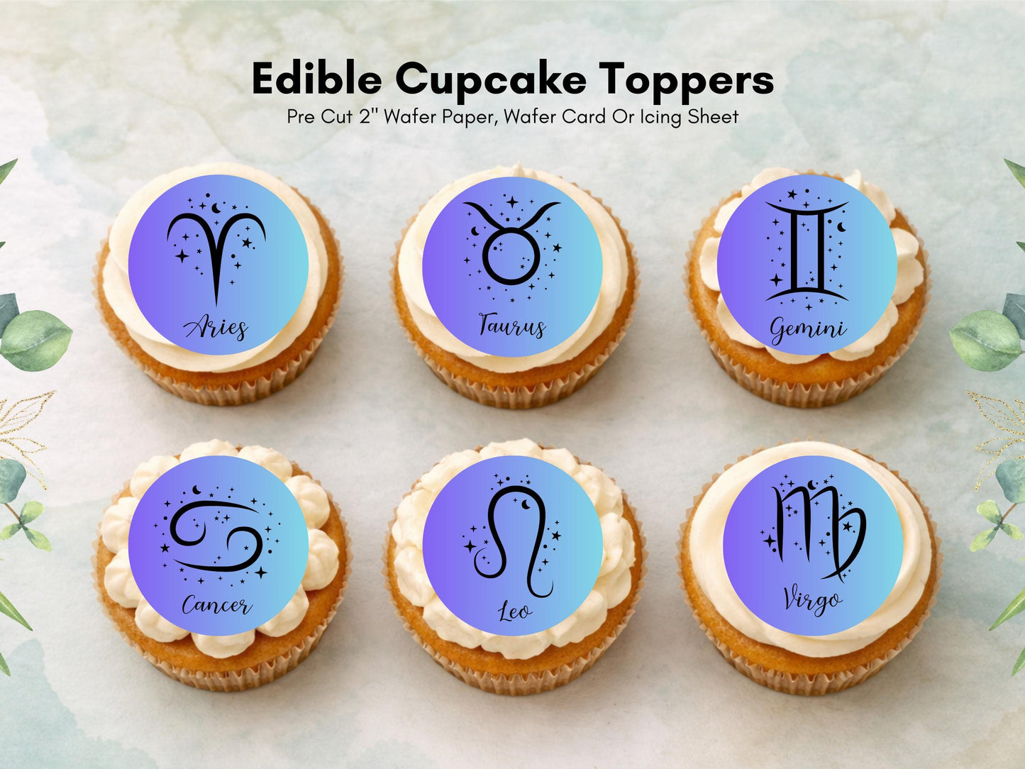 Star Sign Edible Cupcake Toppers 12 x 2"– Pre cut Wafer Paper, Card or Icing Sheet, Signs of the Zodiac Birthday Cake Topper