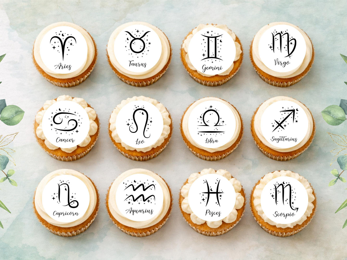 Star Sign Edible Cupcake Toppers, Signs of the Zodiac Birthday Cake Decorations