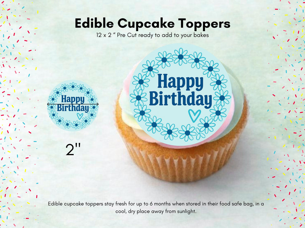 Happy Birthday Edible Cupcake Toppers – Blue Floral Cake Decorations