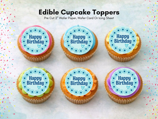 Happy Birthday Edible Cupcake Toppers – Blue Floral Cake Decorations