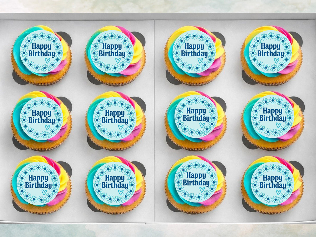Happy Birthday Edible Cupcake Toppers – Blue Floral Cake Decorations