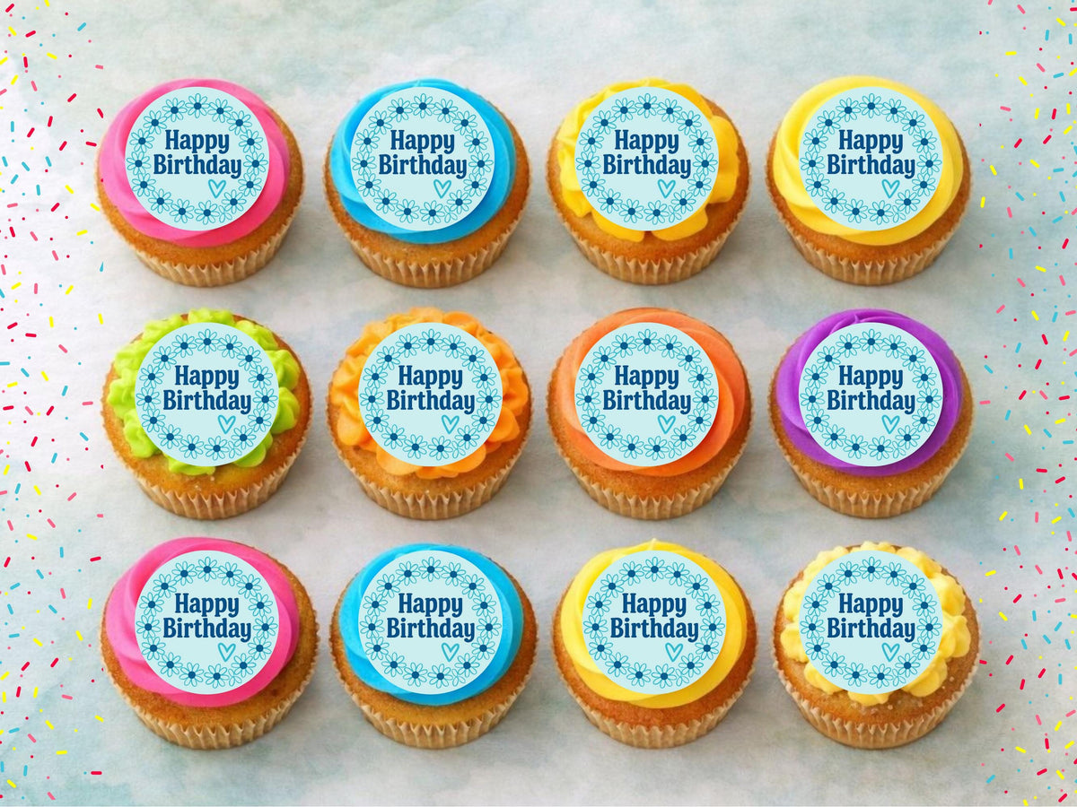 Happy Birthday Edible Cupcake Toppers – Blue Floral Cake Decorations