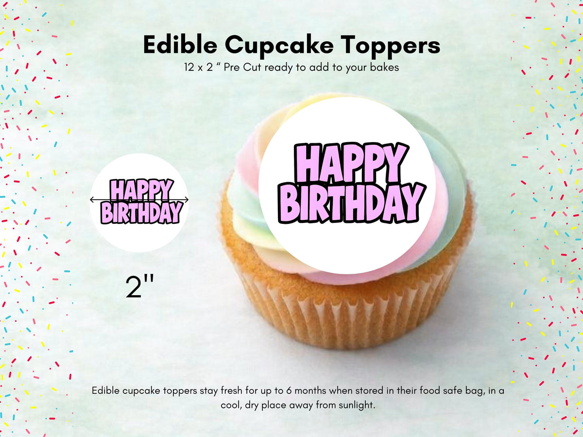 Pink Happy Birthday Edible Cupcake Toppers – Birthday Cake Decorations
