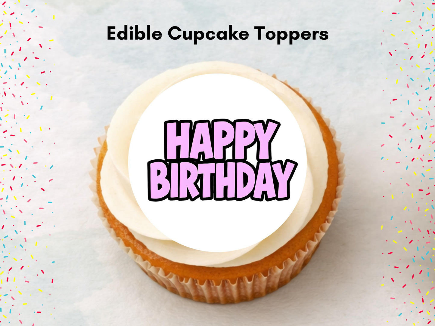 Pink Happy Birthday Edible Cupcake Toppers – 2" Pre-Cut (Wafer, Card, Icing)