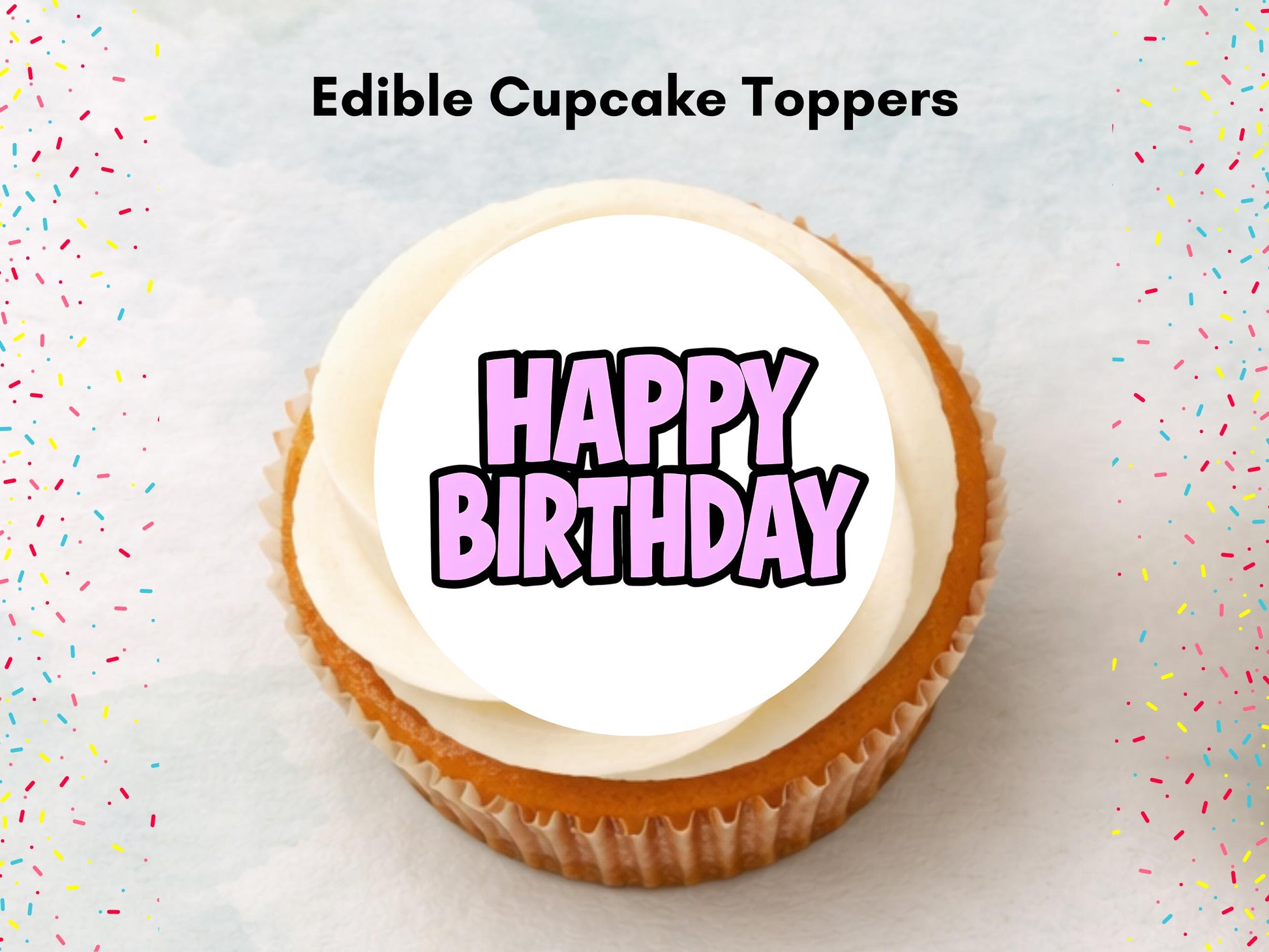 Pink Happy Birthday Edible Cupcake Toppers – 2" Pre-Cut (Wafer, Card, Icing)