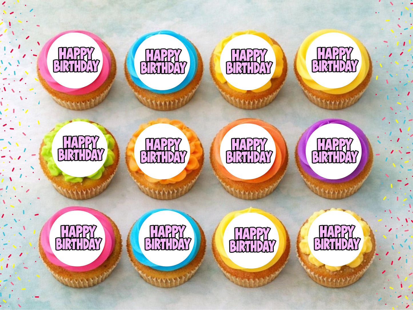 Pink Happy Birthday Edible Cupcake Toppers – 2" Pre-Cut (Wafer, Card, Icing)