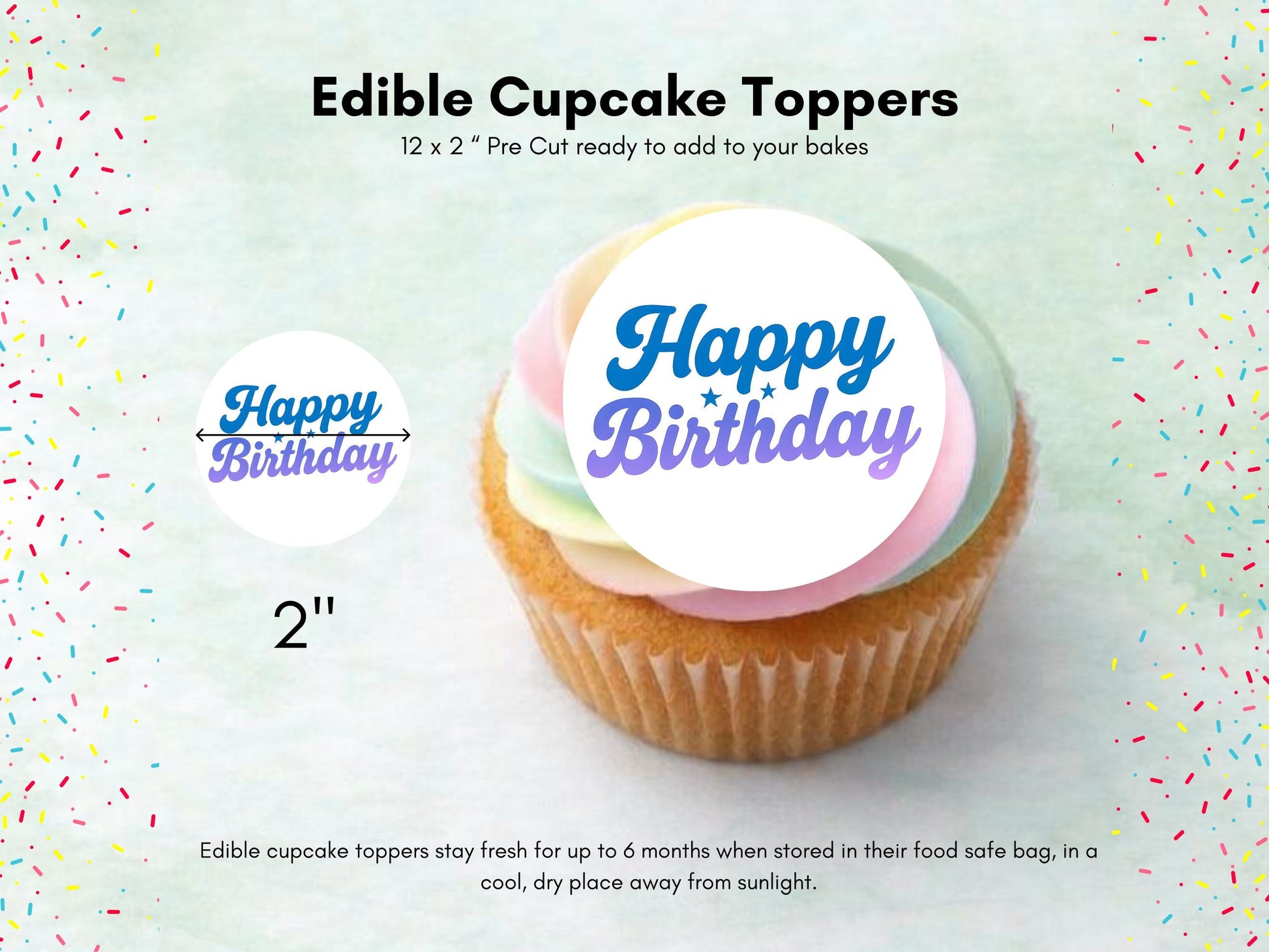 Happy Birthday Edible Cupcake Toppers – 2" Pre-cut