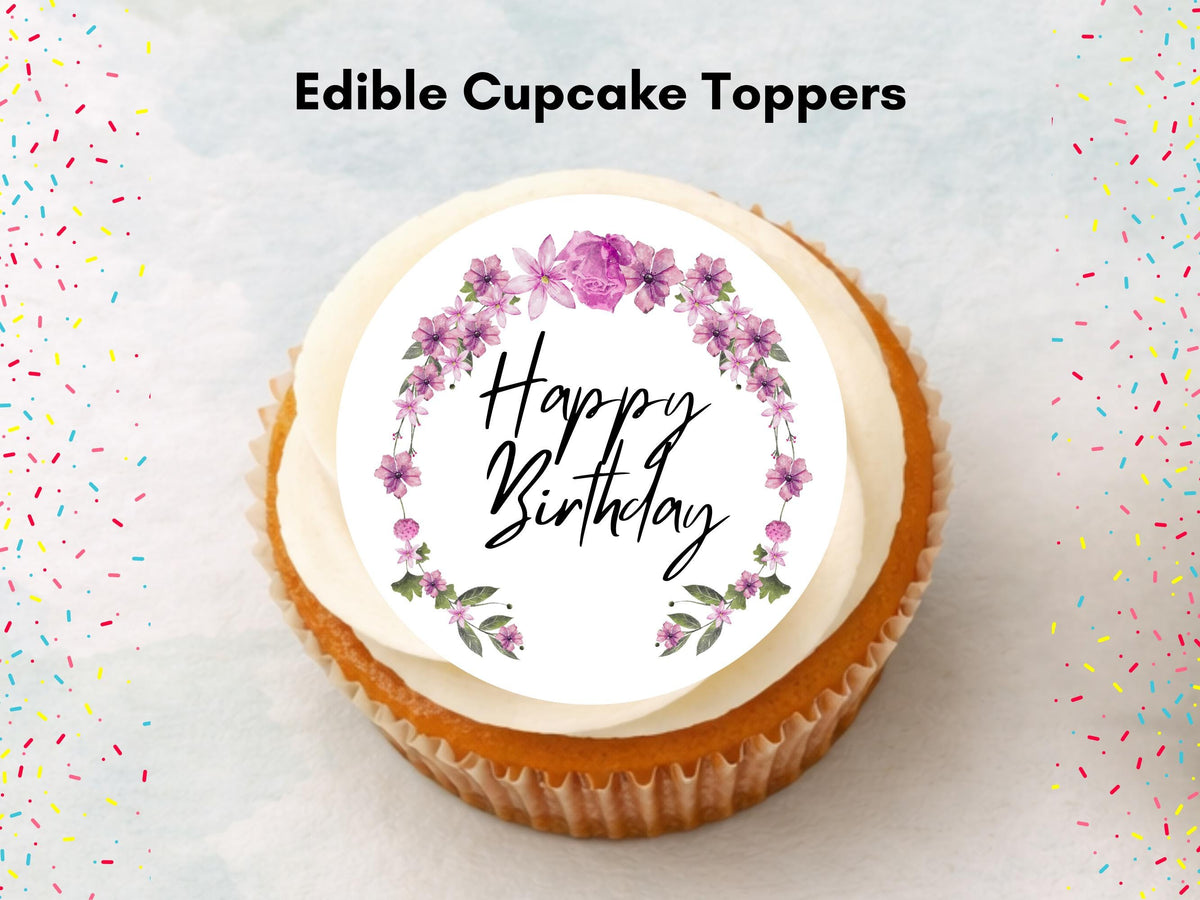 Happy Birthday Edible Cupcake Toppers, Floral Cake Decorations