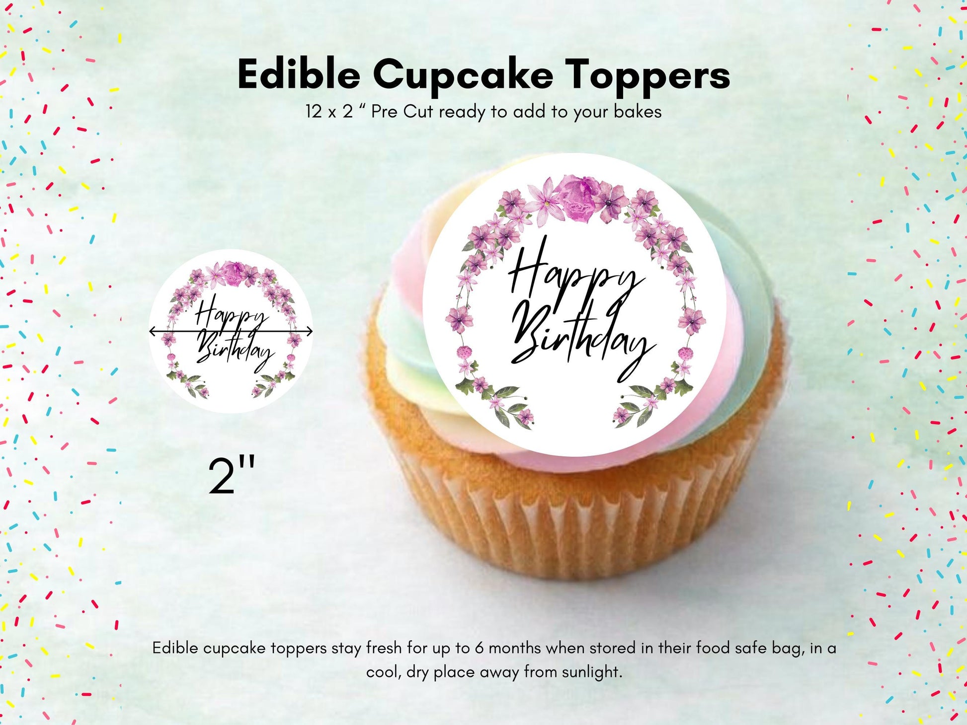 Happy Birthday Edible Cupcake Toppers 12 x 2"– Pre cut Wafer Paper, Card or Icing Sheet, Floral Birthday Cake Toppers