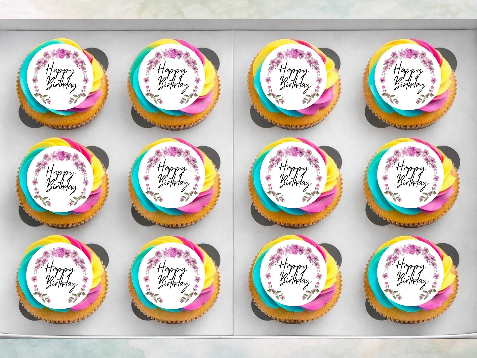 Happy Birthday Edible Cupcake Toppers 12 x 2"– Pre cut Wafer Paper, Card or Icing Sheet, Floral Birthday Cake Toppers