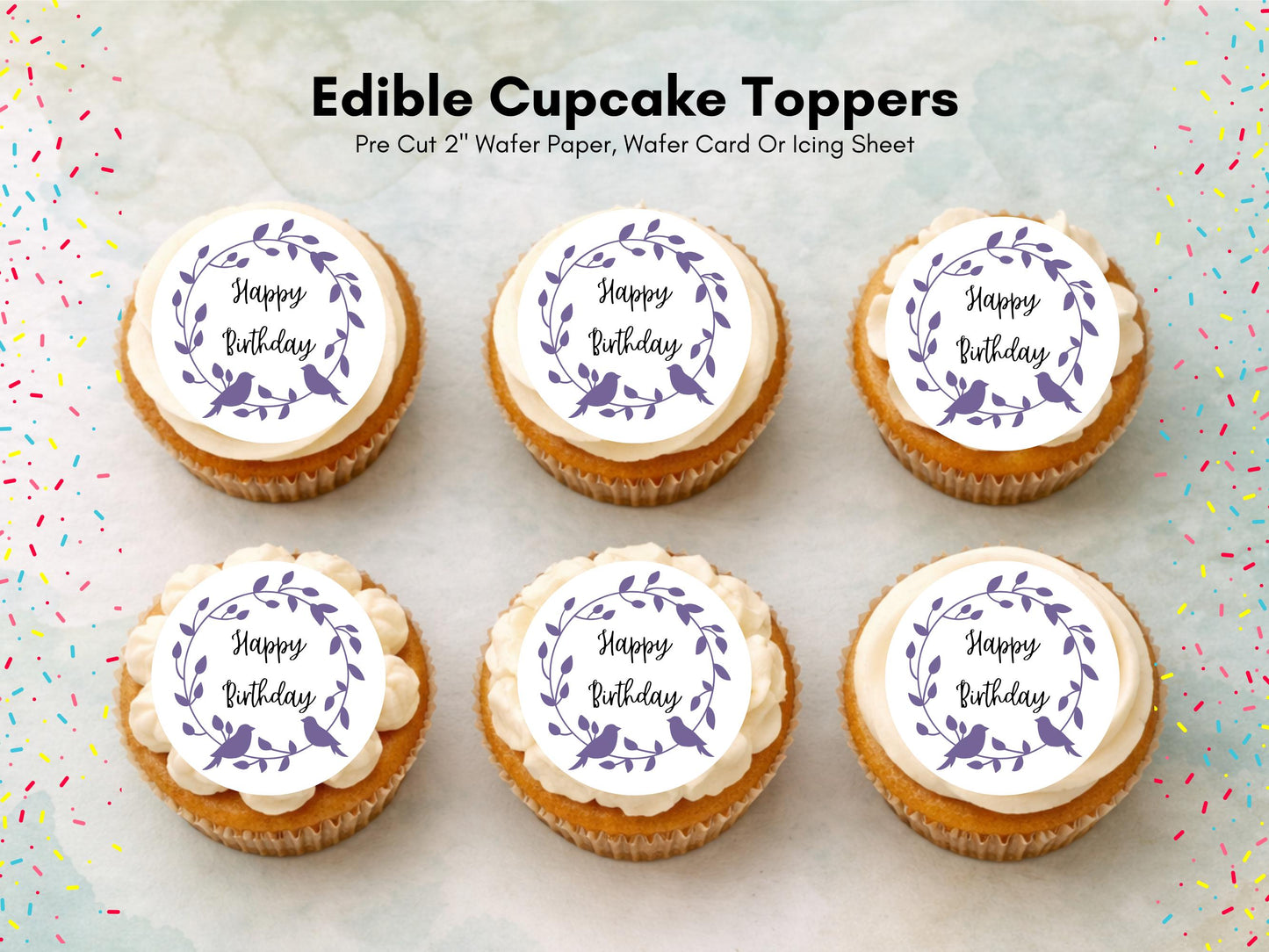 Floral Happy Birthday Edible Cupcake Toppers – Pre-Cut 2" (Wafer Paper, Card, Icing Sheet)