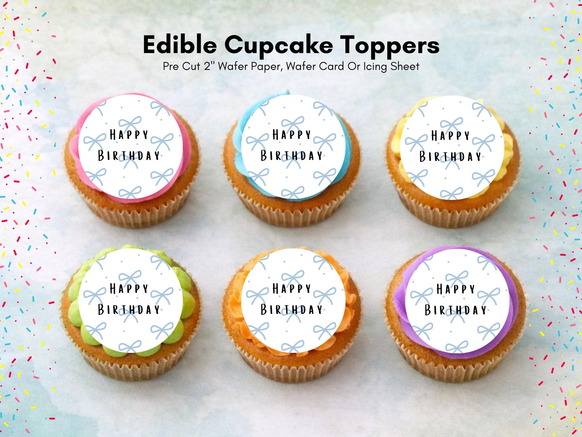 Happy Birthday Edible Cupcake Toppers, 2" Wafer Paper, Card, or Icing